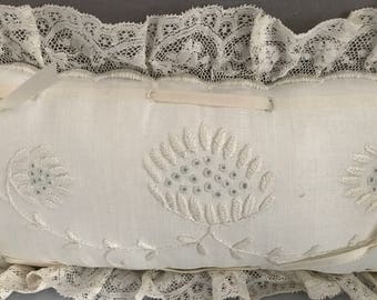 Vintage linen & lace mini pillow