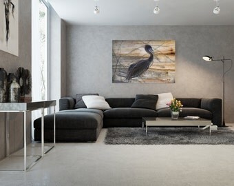 Pelican. Extra Large Canvas Art Print up to 60 ", Bird on Wood Rustic Canvas Print, Grey Black Natural canvas wall decor by Irena Orlov