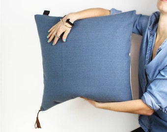 Blue Linen pillow COVER 20"x20" and taupe velvet, leather label, leather tassel, washable pillow by Maynest on Etsy