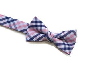 Navy and Pink Tattersall Boys Bow Tie~Navy blue tie-Boys Bow Tie~Boys Bowtie~Boys Tie~Wedding Tie~Cotton Bow Tie~Pre-Tied Tie
