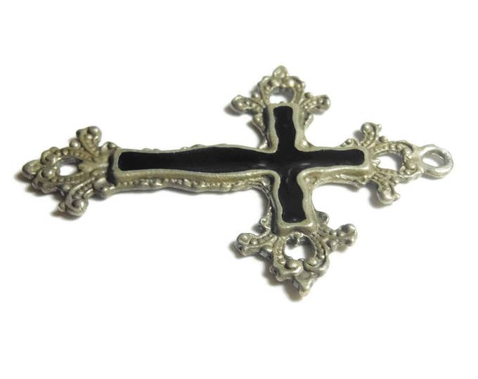 FREE SHIPPING Fleury trefoil cross pendant, silver tone ornate cross, black enamel inset, religious gift, rustic medieval look, large