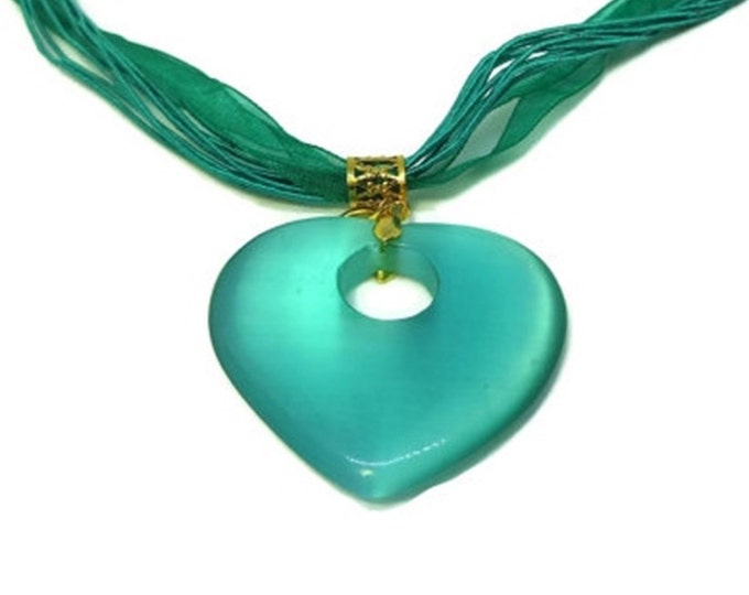 FREE SHIPPING Teal glass heart necklace, handmade cat's eye glass necklace, green heart pendant, organza ribbon and cord, gold finish