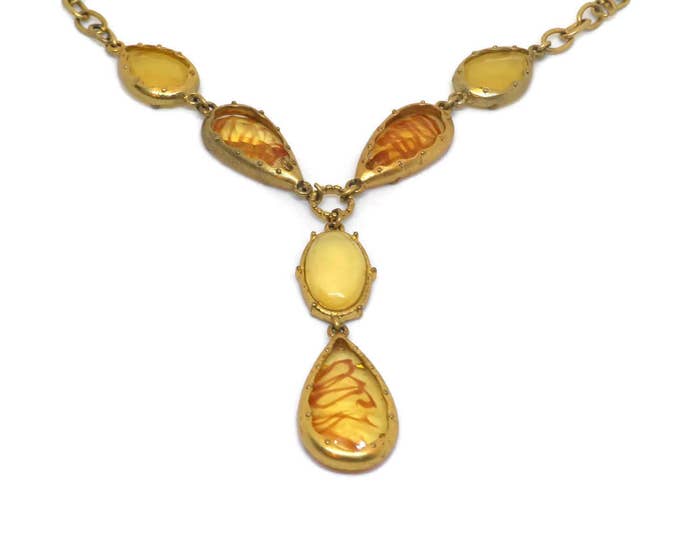 FREE SHIPPING Carolina Herrera necklace, golden amber faceted teardrops, faceted yellow teardrops, gold chain, signed CH, runway Y necklace