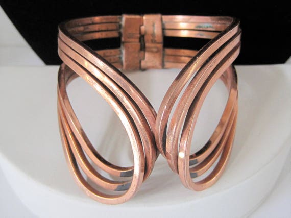 Renoir Copper Cuff - Rhythm Pattern - Signed Wrap Bracelet - Modernist Hinged - Clamper Bracelet