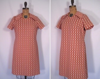 1960s orange cream and tan op art shift dress • 60s mod geometric print dress • vintage for all we know dress