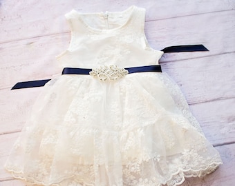 Rustic Flower Girl Dress, Rustic Flower Girl Dress, White Lace Dress Navy Sash, Rustic Lace Flower Girl Dress, White Baptism Dress