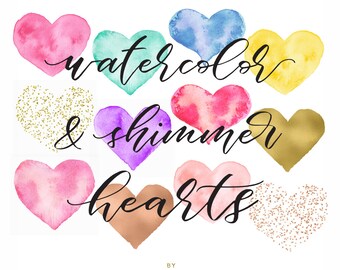 Watercolor & Shimmer Hearts - Confetti Clip art - Hand Painted Heart Clipart - Rose Gold Foil Clip Art - by Indie Grace Design