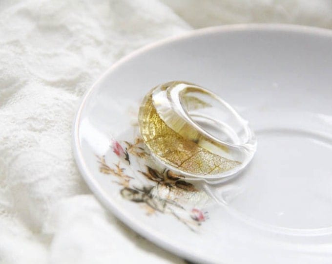 Clear Transparent Faceted Resin Ring With Skeleton Golden Leaves, Anniversary Engagement Ring, Romantic Nature Forest Jewelry, Unique Gift