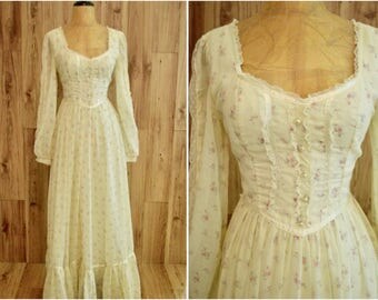 1970s Off White Floral Gunne Sax Dress, Seventies Semi Sheer Micro Floral Maxi w/ Purple Green Pink Print, Boho Flowy Floor Length Dress