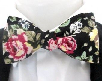 men's bowtie in Rose floral design - option of fittings ~ self tie ~ freestyle ~ black and red