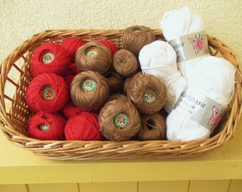 Box of Vintage Crocheting Yarn - Cranberry red Brown White 635 g