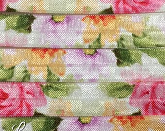 Fold Over Elastic - Easter Floral Pattern - Spring Flowers - Pink, Lavender, Yellow, Green - 5/8" Wide FOE - Elastic by the Yard - DIY Craft