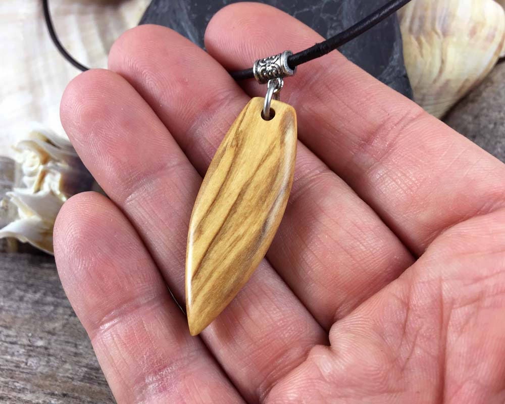 Wood Surfboard Pendant Mens Leather Necklace With Wood