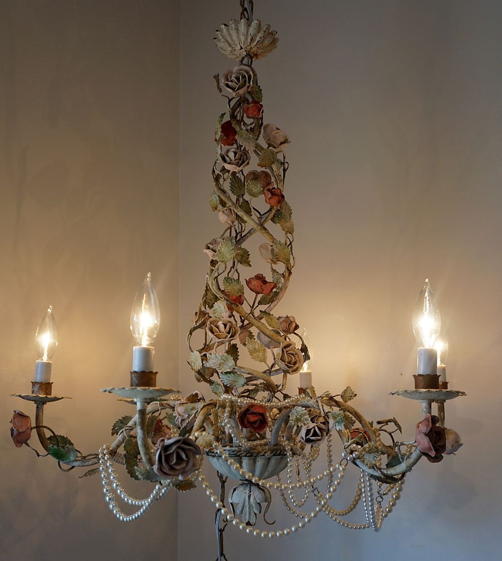 Metal rose chandelier lighting shabby cottage chic pink rusty