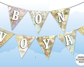 Bon Voyage Banner Farewell Party Decor Vintage Maps Pennant Adventurer Leaving Party, Retirement, Nautical Decor Historical Maps