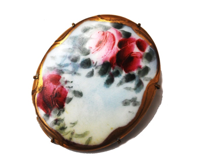 Hand Painted Porcelain Brooch - Pink rose floral - Gold accent - Antique Victorian - C clasp Flower pin