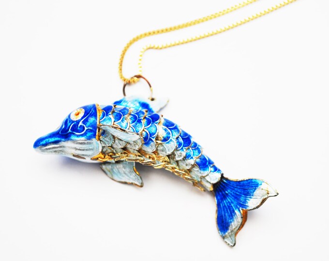 Blue Enamel Articulate Fish Necklace - gold chain - dolphin sea life - pendant