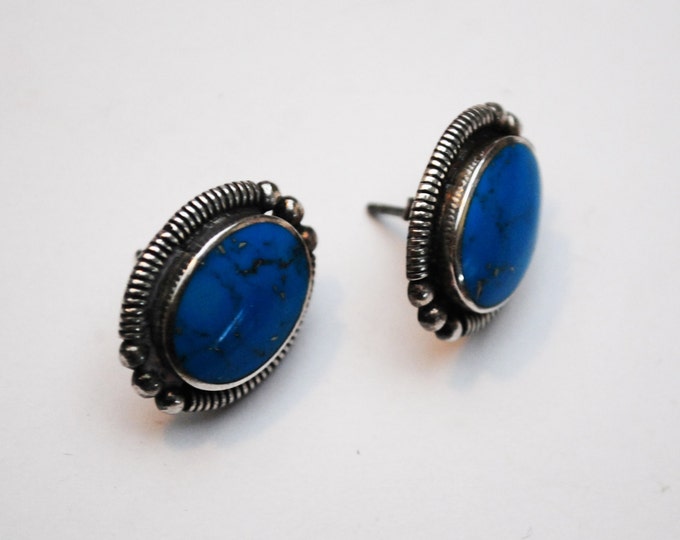 Turquoise Earrings - Sterling Silver - oval blue gemstone - Southwestern - NativeAmerican -Pierced Stud earring