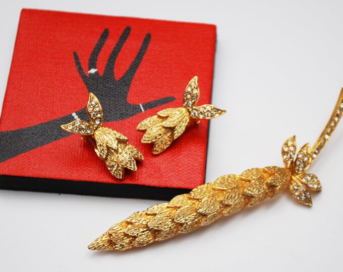 Floral Leaf Brooch earring set - Signed Ledo - Rhinestone gold -flower pin clip on earrings