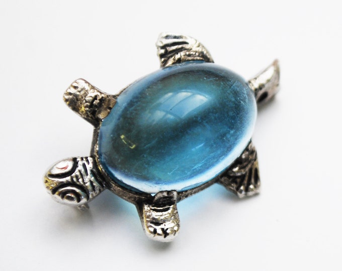 Turtle Brooch -Jelly belly - Blue Resin Cabochon - Silver plated - figurine pin