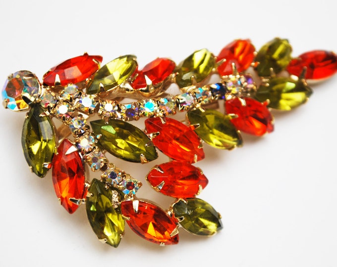 Rhinestone brooch earring set - Orange Green Crystal - Aurora Borealis - Clip on earring