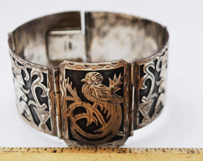 900 Silver Tribal Panel Bracelet - Wide Story link Bangle - Bird -south American - Black oxidation - Silver overlay