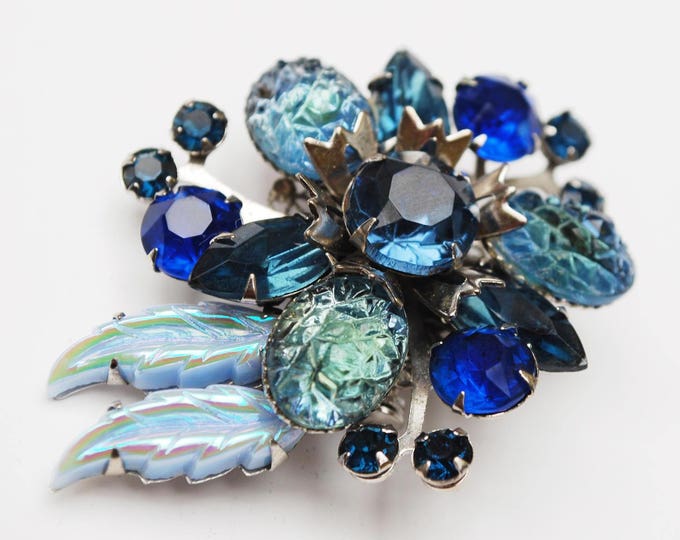 Blue Rhinestone Flower Brooch - Givre stones, Lava molded glass - Shades of blue Art Glass- Floral Mid century Pin