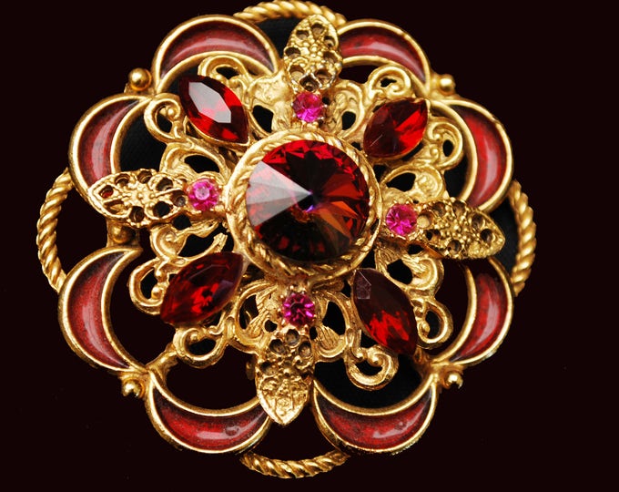 Red Rivoli Flower Brooch - Crystal rhinestone - Enamel - gold - Atomic pin