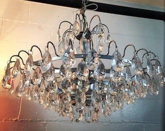 Vintage Crystal Prism Chandelier 7 Tier Hollywood Regency Silver Glam