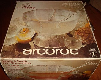 Arcoroc J.G. Durand and Cie France Fleur Pedestal Glass Punch Bowl Set Service For Twelve With Original Box 27 Pieces