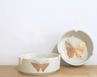 Two Vintage White & Gold Butterfly Ashtrays