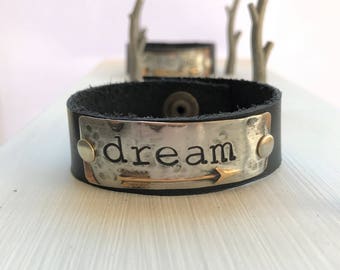 DREAM, arrow, hand stamped leather cuff bracelet, mixed metal, one-of-a-kind