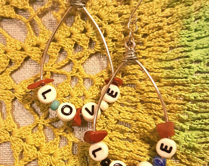 Sample Sale! 2 Inch LOVE Earrings Silvertone Teardrop Wire Beads Handmade Free Ship