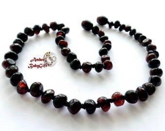Pure Baltic Amber Teething Necklace - Black Cherry Amber Beads - Boy Jewelry - Screw or Safety Clasp - Choose Your Length, AP-7