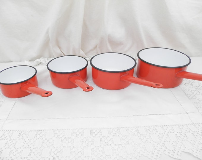 4 Matching Set of Vintage French Bright Red and White Enamelware Cooking Pans, Cooking Pots, Kitchenware, French Country Decor, Retro Cook