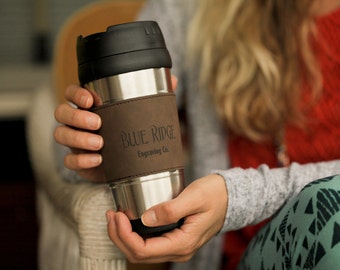 Stainless Steel Engravable Leatherette Travel Mug, Bridal Party Gifts, Customizable Mugs, Promotional Products, Custom Coffee Mug