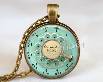 TELEPHONE Dial Necklace Pendant Keychain Vintage Aqua Telephone Jewelry, Rotary Phone Dial Necklace, Retro Telephone Vintage Phone Kitsch