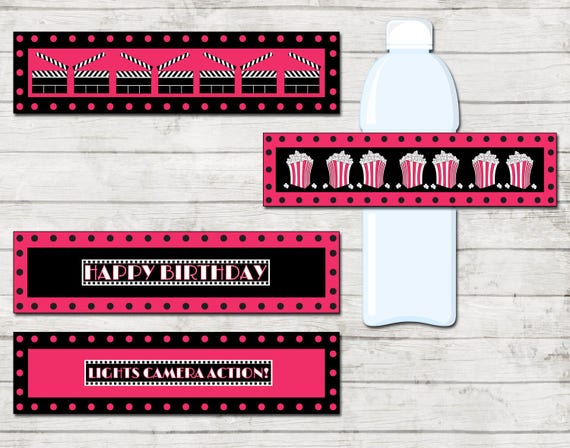 INSTANT DOWNLOAD - Water Bottle Labels - Movie Theme - Pink Black and White - DIY - Printable Il_570xn