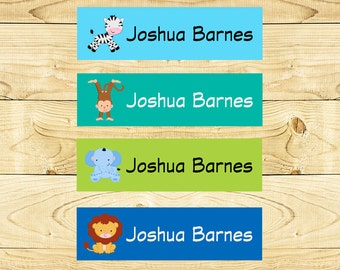 80 Custom Iron on Clothing Labels Personalized Iron on Clothes Tags Daycare Name Labels School Camps - Uncut - Boy Jungle Friends 002