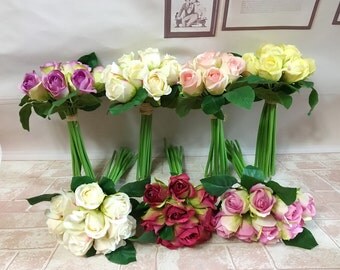 Wedding Bouquet Artificial Rose Flower Posy 9 Flowers Silk Rose Bouquet Bridal, Blush Wedding Flowers, Ivory Bouquet, Red Bouquet, Purple