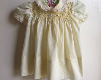 VTG Cherubs Yellow Smocked Dress Flowers Sz 6-12M Lace