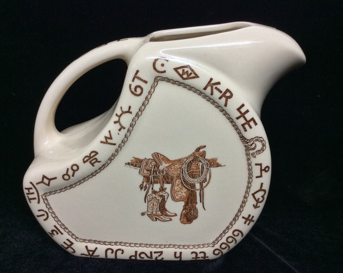 Vintage Wallace China, Boots & Saddle Pattern, Westward Ho, Water Pitcher Jug, Rustic Restaurant Ware, Large Water Pitcher
