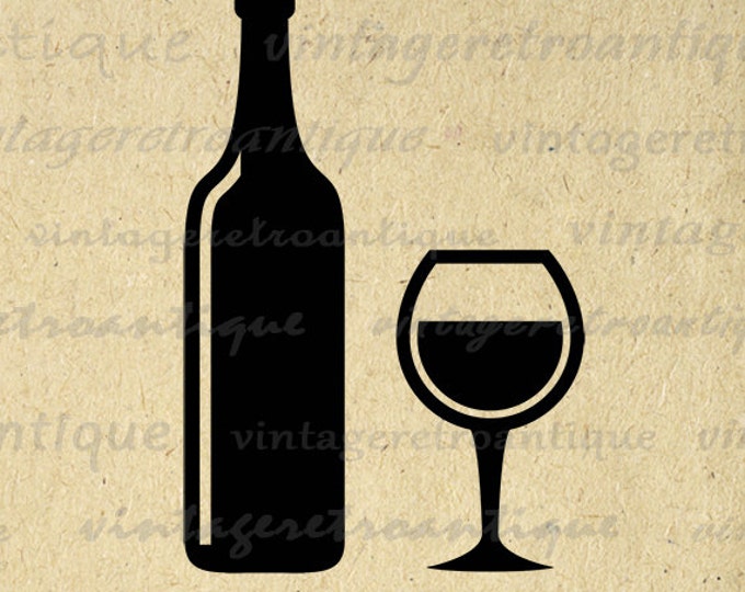 Digital Printable Wine Image Download Wine Bottle and Wine Glass Graphic Antique Clip Art Jpg Png Eps HQ 300dpi No.3984