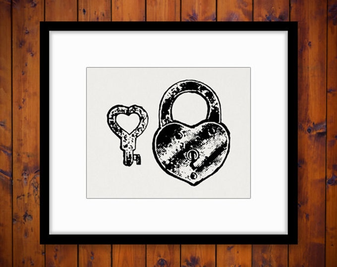 Heart Shaped Lock and Key Graphic Digital Image Padlock Printable Download Vintage Clip Art Jpg Png Eps HQ 300dpi No.1341