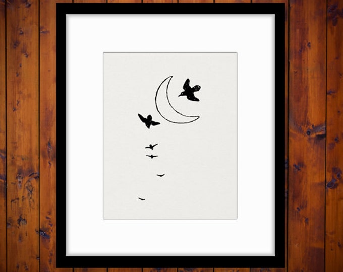 Printable Birds Crescent Moon Graphic Image Illustrated Download Digital Vintage Clip Art Jpg Png Eps HQ 300dpi No.947