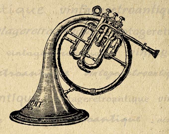 Printable Digital French Horn Graphic Music Instrument Image Illustration Download Artwork Antique Clip Art Jpg Png HQ 300dpi No.1136