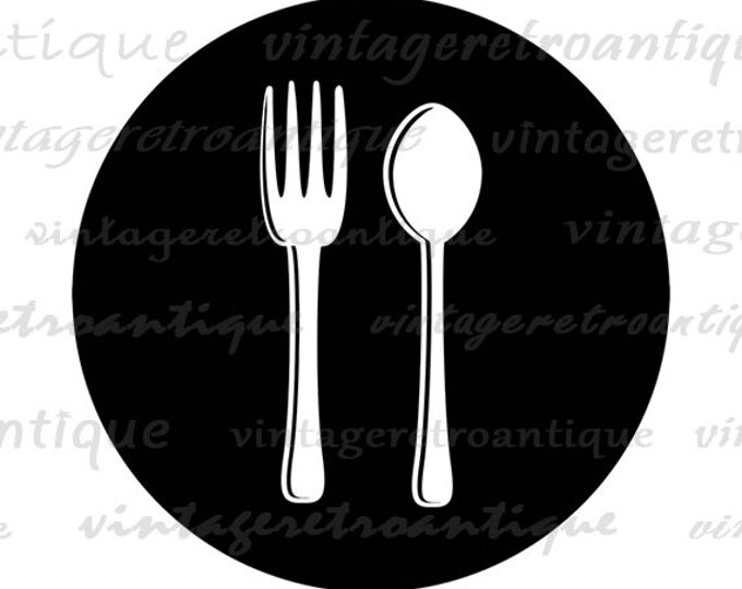 Digital Printable Fork and Spoon Graphic Silverware Download Food Kitchen Restaurant Image Antique Clip Art Jpg Png HQ 300dpi No.4536