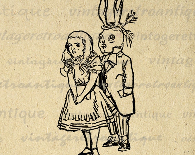 Alice in Wonderland Image Graphic Digital Alice And White Rabbit Printable White Rabbit Download Antique Clip Art HQ 300dpi No.4673