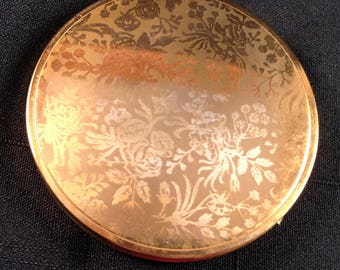 Avon Floral Design Round Brass Vintage Powder Compact, Circa 1940-1950, Made in Canada