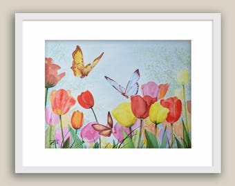 Print Watercolor painting by Tamara Shturba - Tulips & Butterflies Home Living Still Life